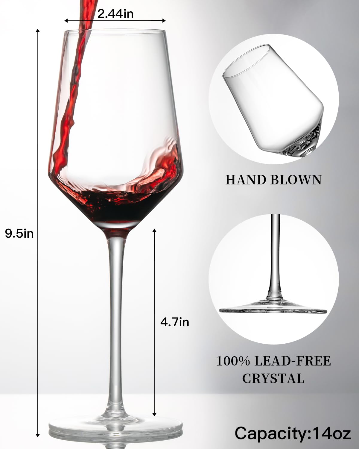 Physkoa Wine Glasses Set of 6-14 oz, Thin Rim, Crystal, Hand Blown, Long Stem - Perfect for Red or White, Gifts for Wine Lovers, Valentine's Day Gifts