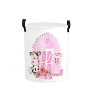 Personalized Laundry Basket Hamper,Cow Pig Flower Farm,Collapsible Storage Baskets with Handles for Kids Room,Clothes, Nursery Decor