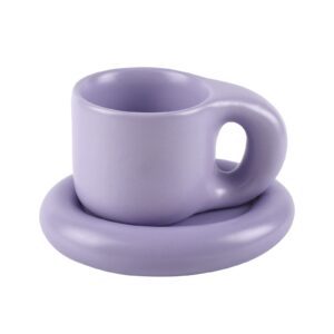 koythin ceramic coffee chubby mug saucer set, creative cute fat handle cup with saucer for office and home, dishwasher and microwave safe, 10 oz for latte tea milk (light purple)