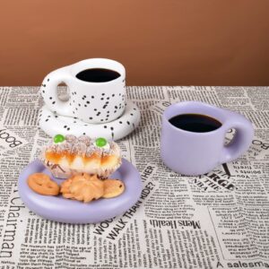 Koythin Ceramic Coffee Chubby Mug Saucer Set, Creative Cute Fat Handle Cup with Saucer for Office and Home, Dishwasher and Microwave Safe, 10 oz for Latte Tea Milk (Light Purple)