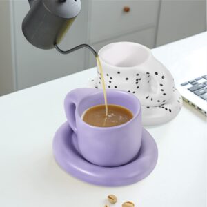 Koythin Ceramic Coffee Chubby Mug Saucer Set, Creative Cute Fat Handle Cup with Saucer for Office and Home, Dishwasher and Microwave Safe, 10 oz for Latte Tea Milk (Light Purple)