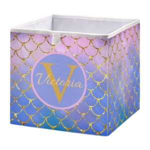 custom mermaid fish scales storage baskets for shelves personalized foldable collapsible storage box bins with cubes toys closet organizers for pantry organizing shelf nursery home closet,11 x 11inch