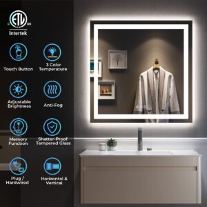 YEELAIT 36x36 Inch LED Bathroom Mirror with Lights Front and Backlit Lighted Vanity Mirror for Bathroom Wall with 3 Colors Dimmable Anti-Fog Memory Shatter-Proof IP54 Waterproof Horizontal/Vertical
