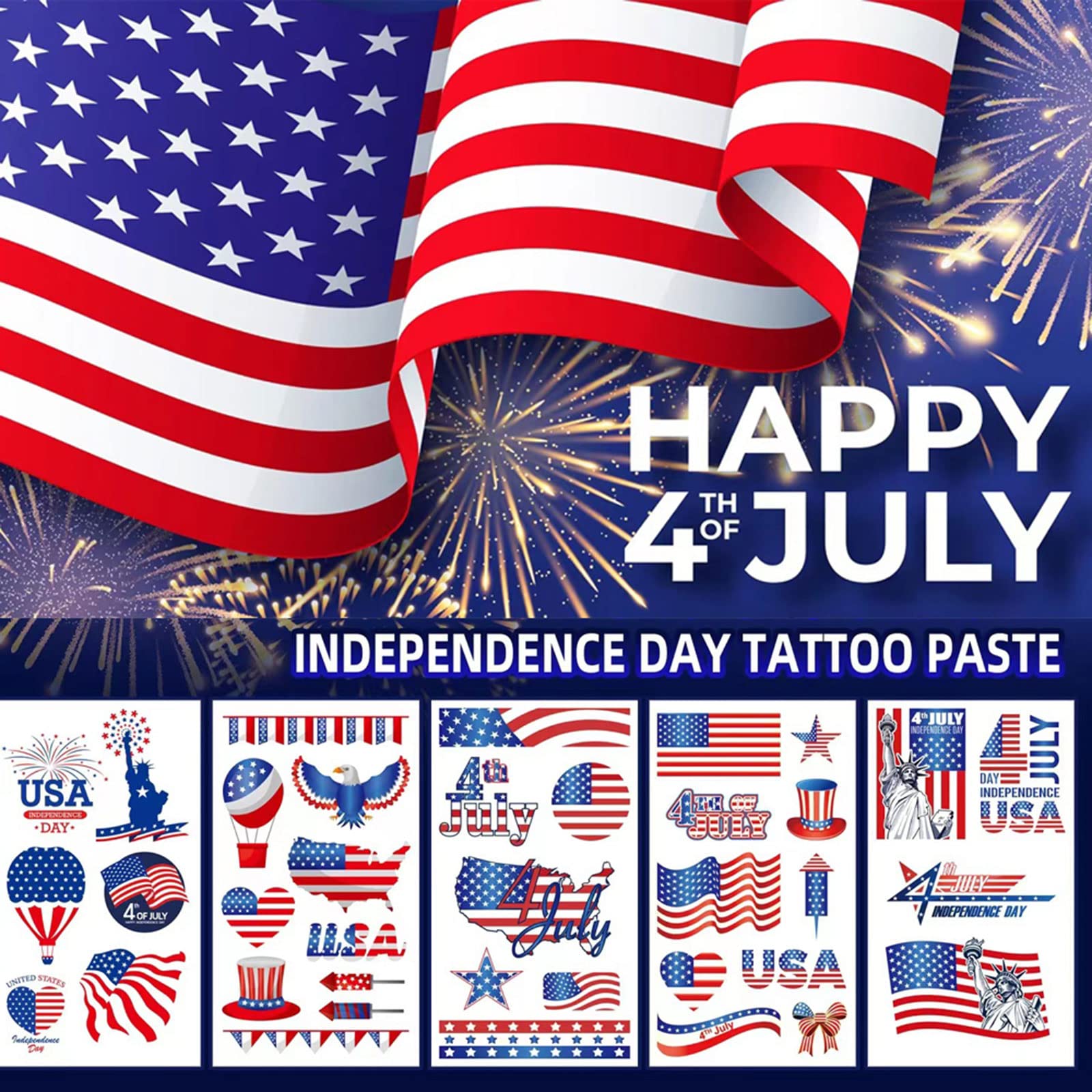 4th of July Temporary Tattoo Kids Adults, 100pcs Fake Tattoos, Independence Day Fourth of July Waterproof Body Art Stickers Red White Blue for Memorial, Tattoo Decorations for Labor Day Party USA National Flag