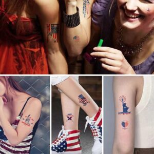 4th of July Temporary Tattoo Kids Adults, 100pcs Fake Tattoos, Independence Day Fourth of July Waterproof Body Art Stickers Red White Blue for Memorial, Tattoo Decorations for Labor Day Party USA National Flag