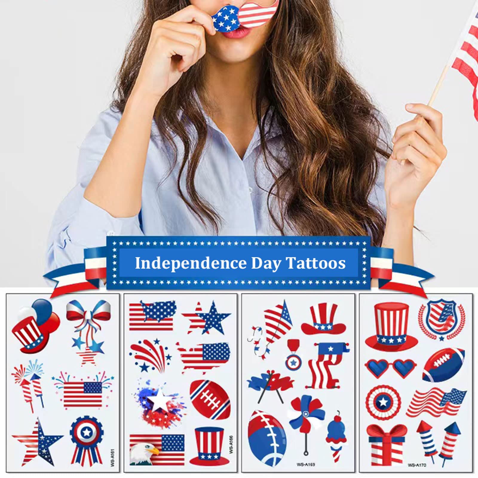 4th of July Temporary Tattoo Kids Adults, 100pcs Fake Tattoos, Independence Day Fourth of July Waterproof Body Art Stickers Red White Blue for Memorial, Tattoo Decorations for Labor Day Party USA National Flag