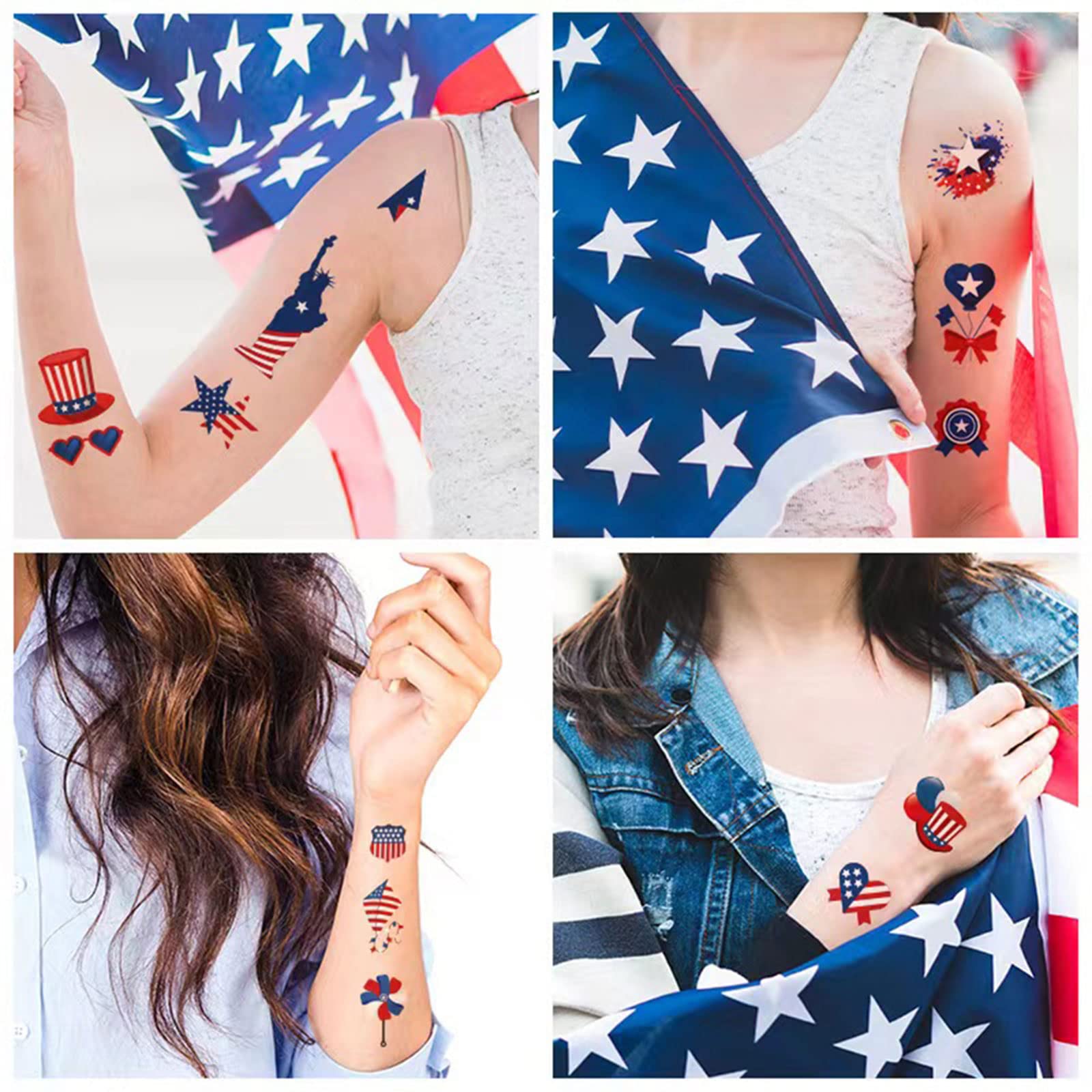 4th of July Temporary Tattoo Kids Adults, 100pcs Fake Tattoos, Independence Day Fourth of July Waterproof Body Art Stickers Red White Blue for Memorial, Tattoo Decorations for Labor Day Party USA National Flag