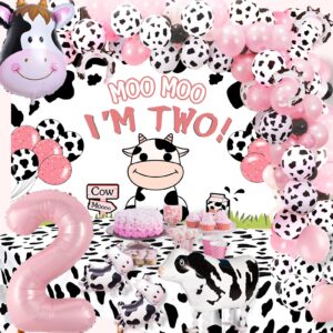 roetyce cow 2nd birthday decorations for a girl, moo moo i'm two birthday decorations girl boy cow 2nd birthday party supplies, cow two birthday banner and cow balloons for cow themed birthday decor