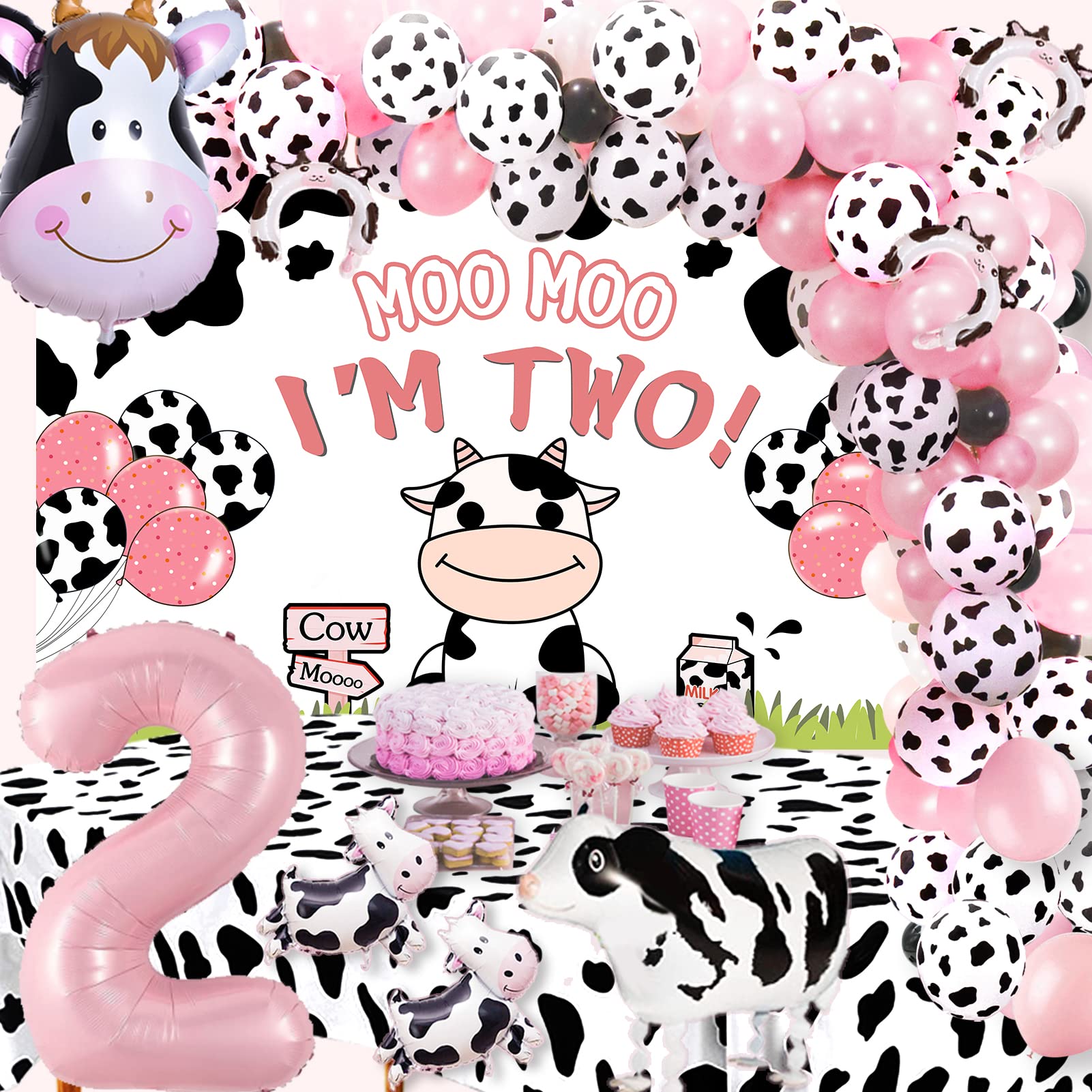 Roetyce Cow 2nd Birthday Decorations for a Girl, Moo Moo I'm Two Birthday Decorations Girl Boy Cow 2nd Birthday Party Supplies, Cow Two Birthday Banner and Cow Balloons for Cow Themed Birthday Decor