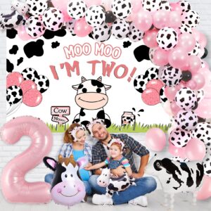 Roetyce Cow 2nd Birthday Decorations for a Girl, Moo Moo I'm Two Birthday Decorations Girl Boy Cow 2nd Birthday Party Supplies, Cow Two Birthday Banner and Cow Balloons for Cow Themed Birthday Decor