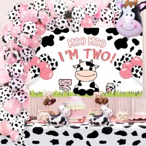 Roetyce Cow 2nd Birthday Decorations for a Girl, Moo Moo I'm Two Birthday Decorations Girl Boy Cow 2nd Birthday Party Supplies, Cow Two Birthday Banner and Cow Balloons for Cow Themed Birthday Decor