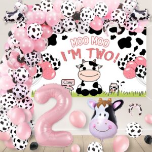 Roetyce Cow 2nd Birthday Decorations for a Girl, Moo Moo I'm Two Birthday Decorations Girl Boy Cow 2nd Birthday Party Supplies, Cow Two Birthday Banner and Cow Balloons for Cow Themed Birthday Decor