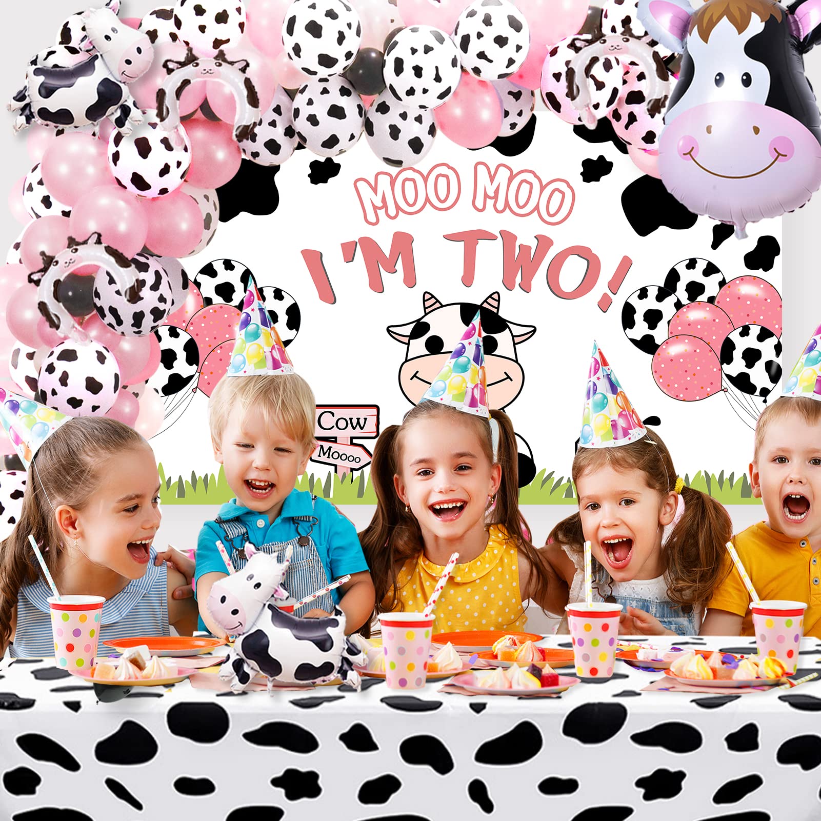 Roetyce Cow 2nd Birthday Decorations for a Girl, Moo Moo I'm Two Birthday Decorations Girl Boy Cow 2nd Birthday Party Supplies, Cow Two Birthday Banner and Cow Balloons for Cow Themed Birthday Decor