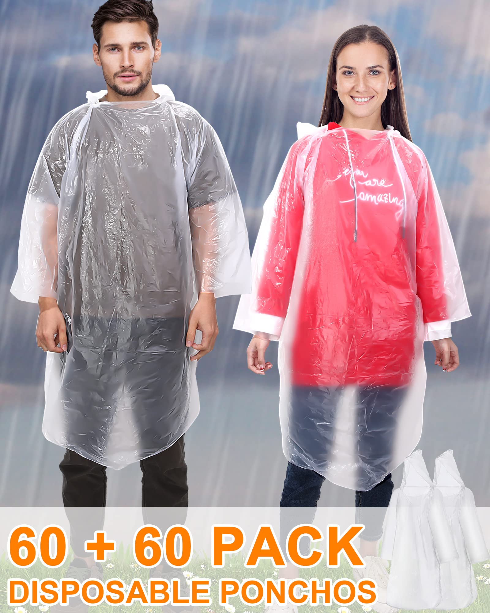 JaGely 120 Pack Disposable Rain Ponchos for Adults Bulk Emergency Travel Essential Family Pack Operation Raincoat with Hood(Clear)