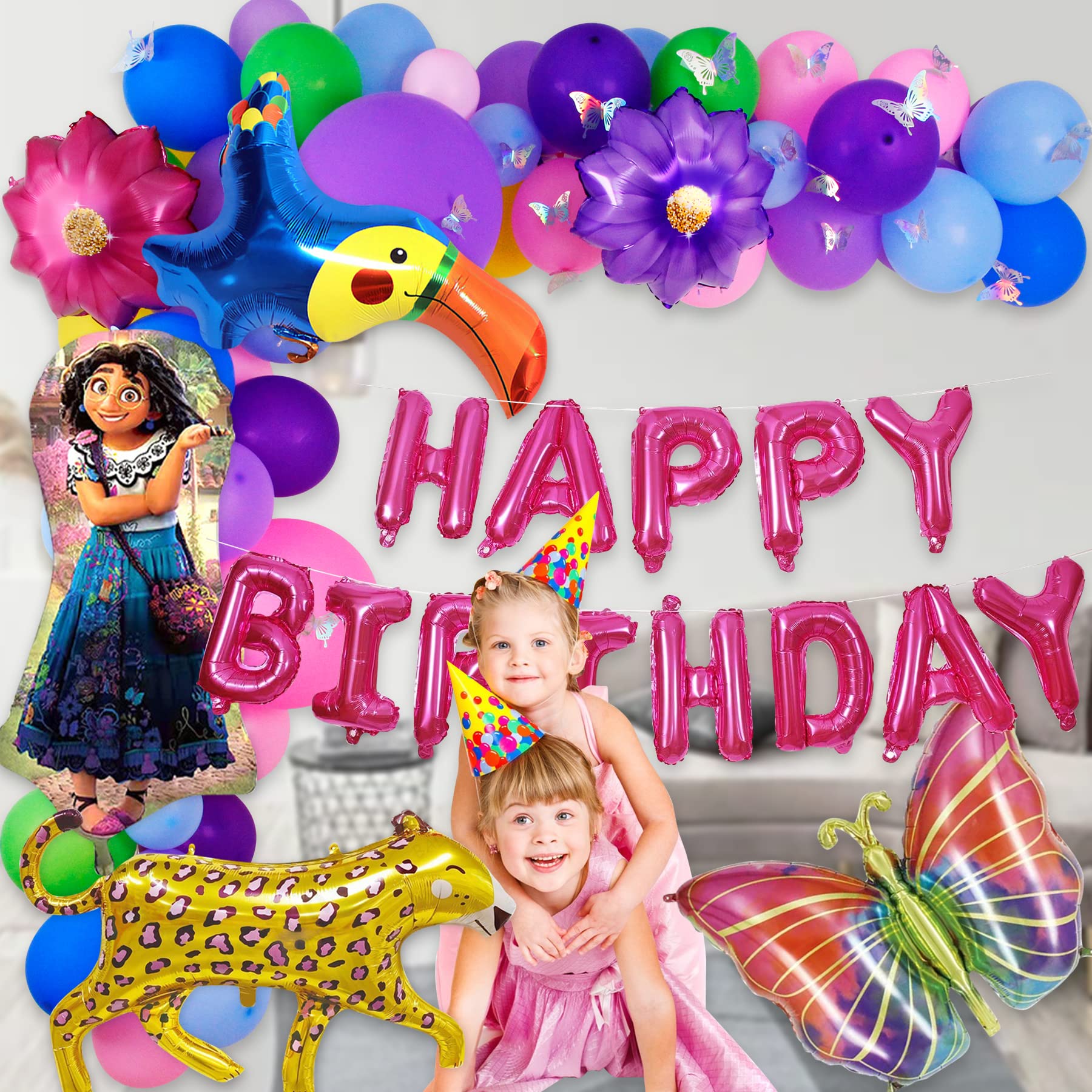 HOMEZZO Magic House Birthday Party Balloons Garland - Magic House Mirabel Themed Party Decoration, Incanto Toucan Jaguar Foil Mylar Balloon Arch, 3D Butterfly Stickers