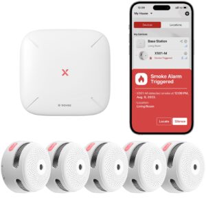 x-sense smart smoke detectors with sbs50 base station, wi-fi smoke alarm compatible with x-sense home security app, wireless interconnected mini fire alarm, model fs51