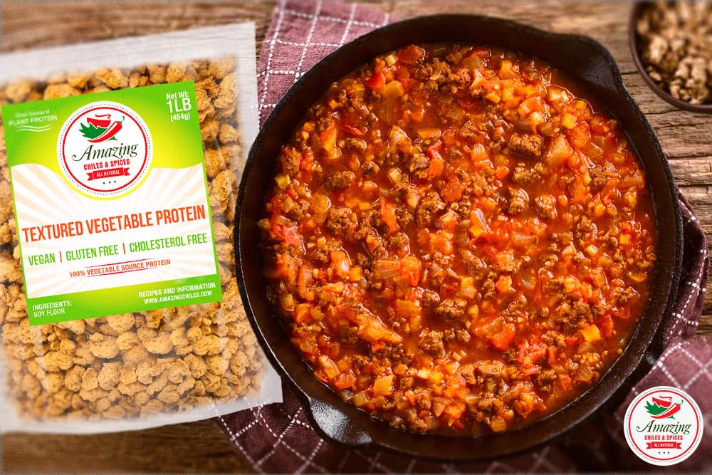 Textured Vegetable Protein (TVP), 1 lb. Bag, Natural Plant Based Vegan Protein Chunks, Non-GMO and Gluten Free Crumbles, Cholesterol Free by Amazing Chiles