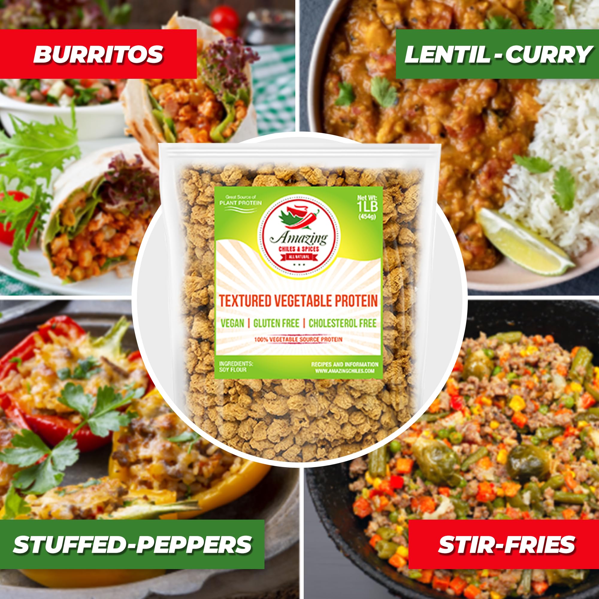 Textured Vegetable Protein (TVP), 1 lb. Bag, Natural Plant Based Vegan Protein Chunks, Non-GMO and Gluten Free Crumbles, Cholesterol Free by Amazing Chiles