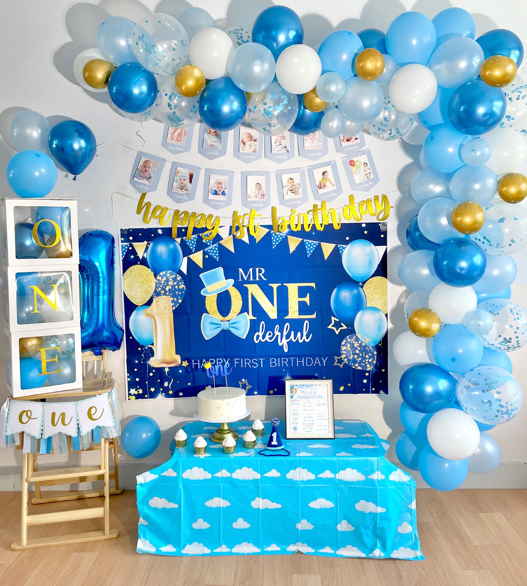 Baby Boy 1st Birthday Decorations Supplies, 1st Birthday Boy Decorations, Baby First Birthday Decorations for Boy, First Birthday Balloon Boxes, Backdrop, High Chair Banner, Crown, Photo Banner