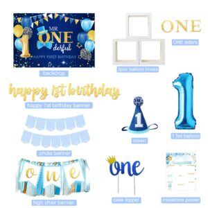 Baby Boy 1st Birthday Decorations Supplies, 1st Birthday Boy Decorations, Baby First Birthday Decorations for Boy, First Birthday Balloon Boxes, Backdrop, High Chair Banner, Crown, Photo Banner