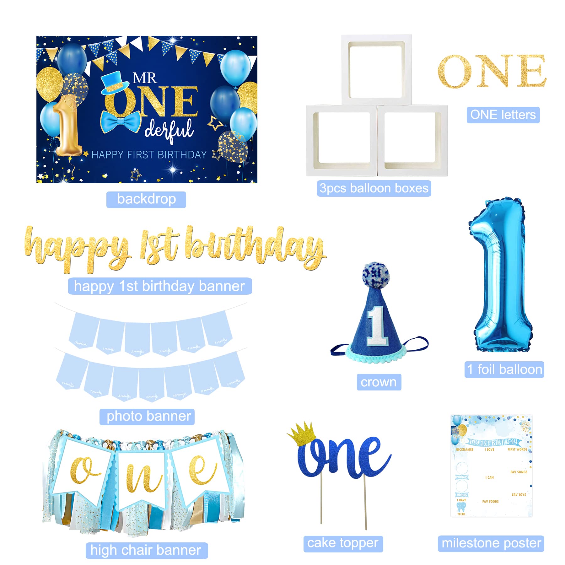 Baby Boy 1st Birthday Decorations Supplies, 1st Birthday Boy Decorations, Baby First Birthday Decorations for Boy, First Birthday Balloon Boxes, Backdrop, High Chair Banner, Crown, Photo Banner