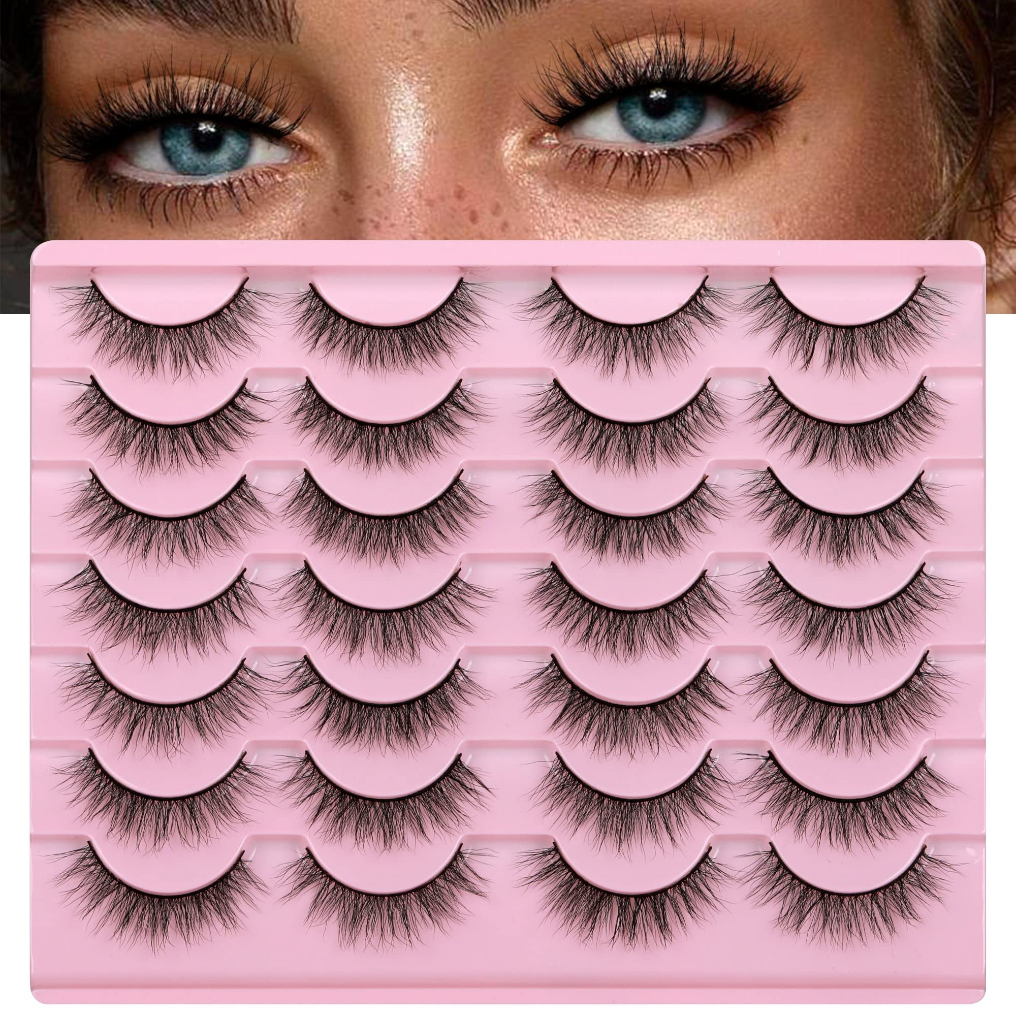 Newcally Natural Look Lashes Mink 3D Fluffy Wispy False Eyelashes Short Light Volume Fake Eye Lashes Pack 14 Pairs Reusable Soft Faux Mink Eyelashes