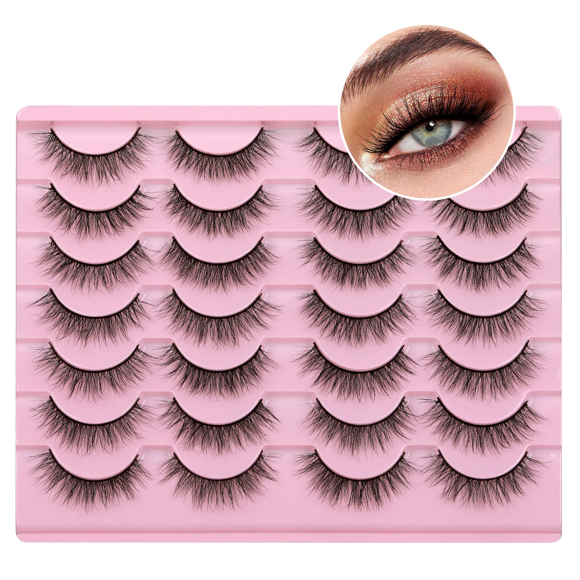 Newcally Natural Look Lashes Mink 3D Fluffy Wispy False Eyelashes Short Light Volume Fake Eye Lashes Pack 14 Pairs Reusable Soft Faux Mink Eyelashes