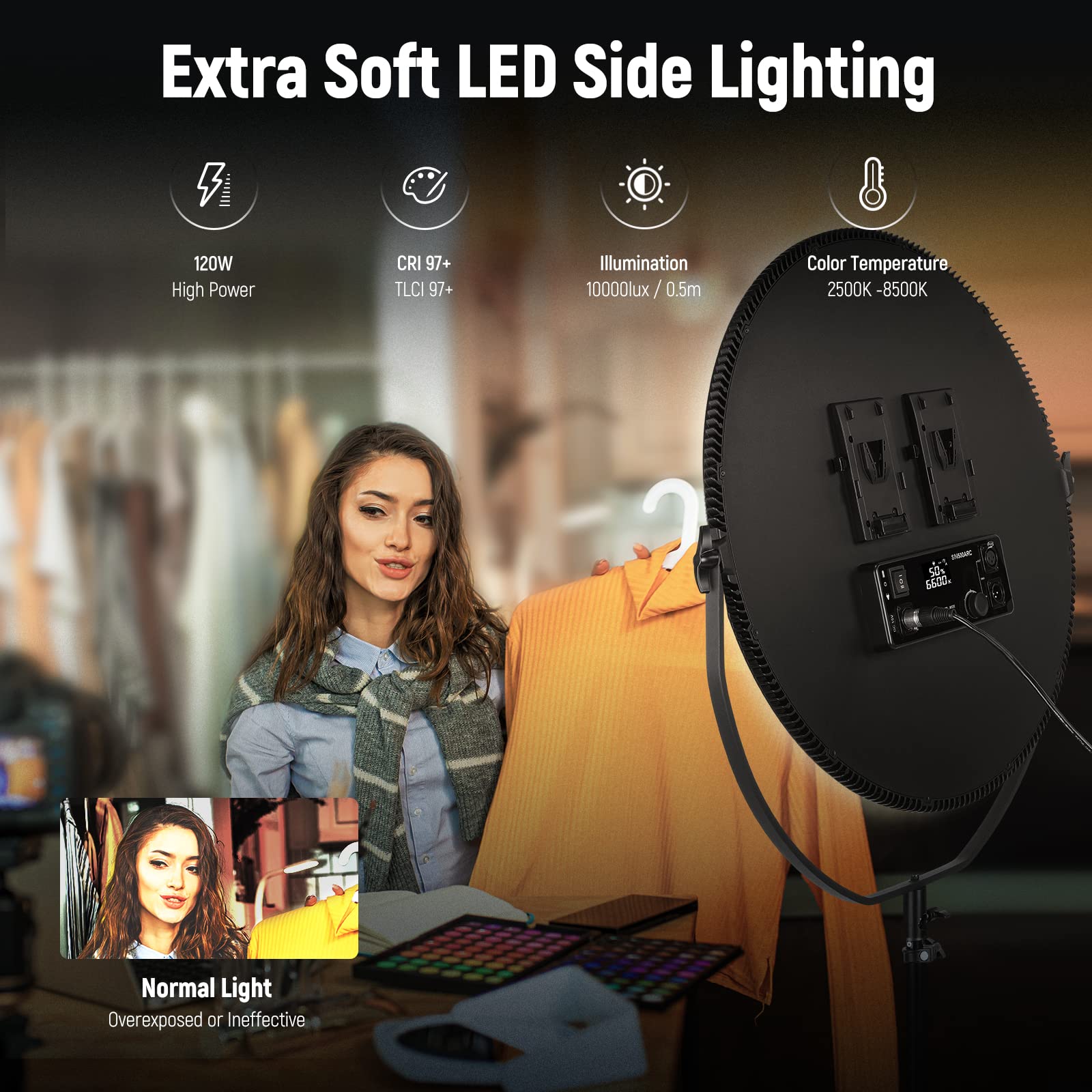 NEEWER Round Panel Video Light 2.4G & DMX Control, 24" 120W Bi Color Studio Edge Flapjack Lighting with Bag & 2.4G Remote(No Battery), Soft LED Fill Light for Portrait Photography Streaming, NL-500ARC