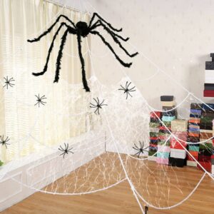 Halloween Spider Web Decoration Outside 16ft + Giant Spider 35" + Stretchy Dense Spider Silk Rope and 2 Small Spiders Triangular Huge Spider Web for Yard Outdoor