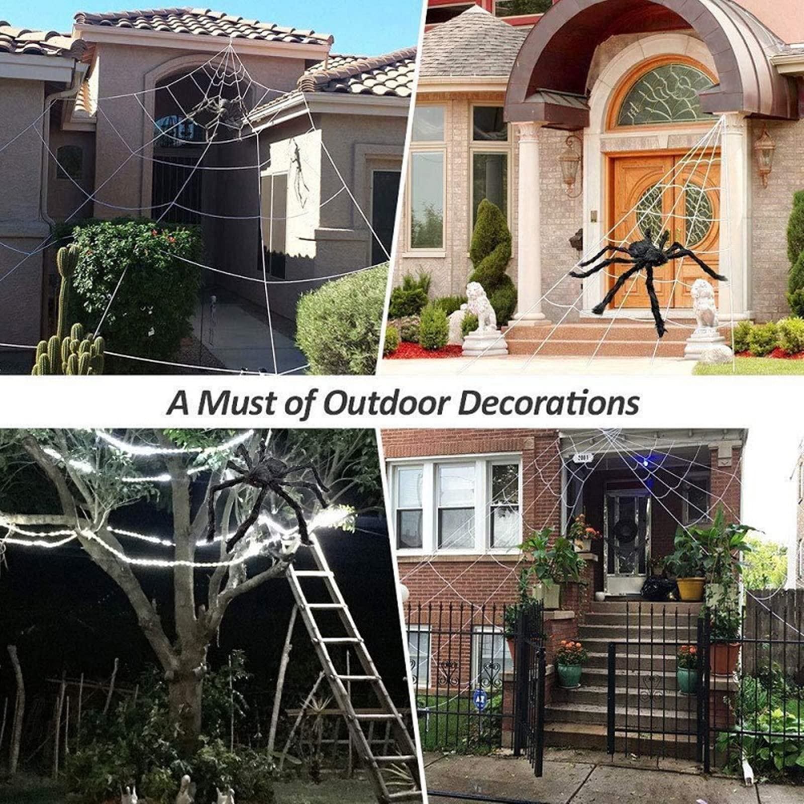 Halloween Spider Web Decoration Outside 16ft + Giant Spider 35" + Stretchy Dense Spider Silk Rope and 2 Small Spiders Triangular Huge Spider Web for Yard Outdoor
