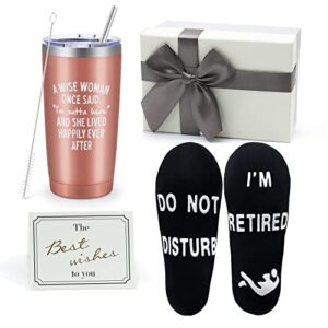 retirement gifts for women,20 oz wine tumbler happy goodbye gifts for colleagues,retired friends,coworker,funny ideas leaving gifts,farewell gifts - going away gift with humorous socks for mom,grandma