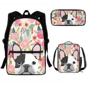 chaqlin Teens Girls School Backpack Set 3 Piece, Cute Dog Flower Print Lunch Handbag and Pencil Holder, Daypack for Women