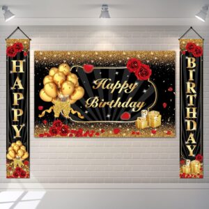 happy birthday decorations for women men, black gold happy birthday banner porch signs large backdrops party decor supplies photography background flag - 3 pcs