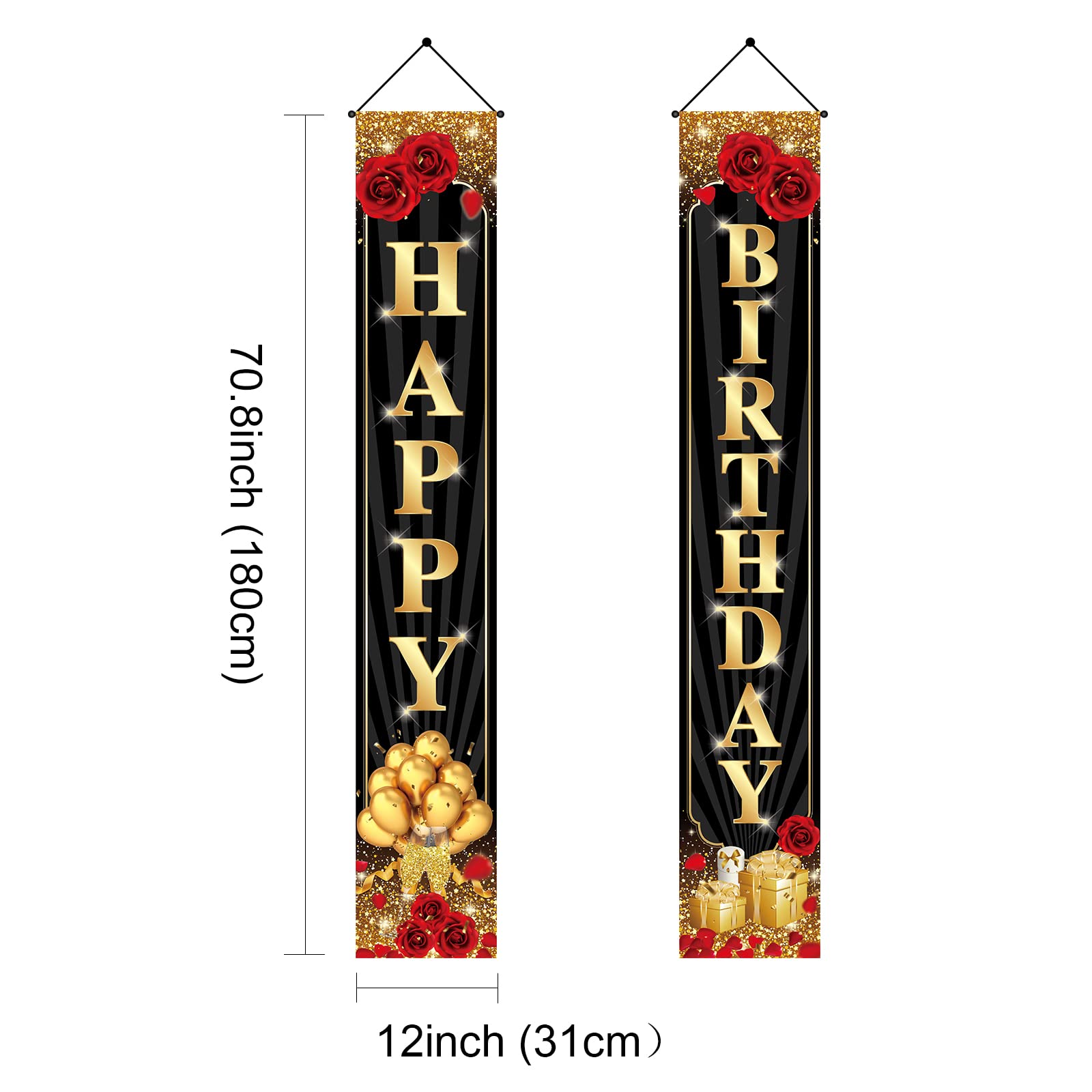 Happy Birthday Decorations for Women Men, Black Gold Happy Birthday Banner Porch Signs Large Backdrops Party Decor Supplies Photography Background Flag - 3 Pcs