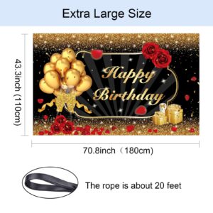 Happy Birthday Decorations for Women Men, Black Gold Happy Birthday Banner Porch Signs Large Backdrops Party Decor Supplies Photography Background Flag - 3 Pcs