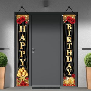 Happy Birthday Decorations for Women Men, Black Gold Happy Birthday Banner Porch Signs Large Backdrops Party Decor Supplies Photography Background Flag - 3 Pcs