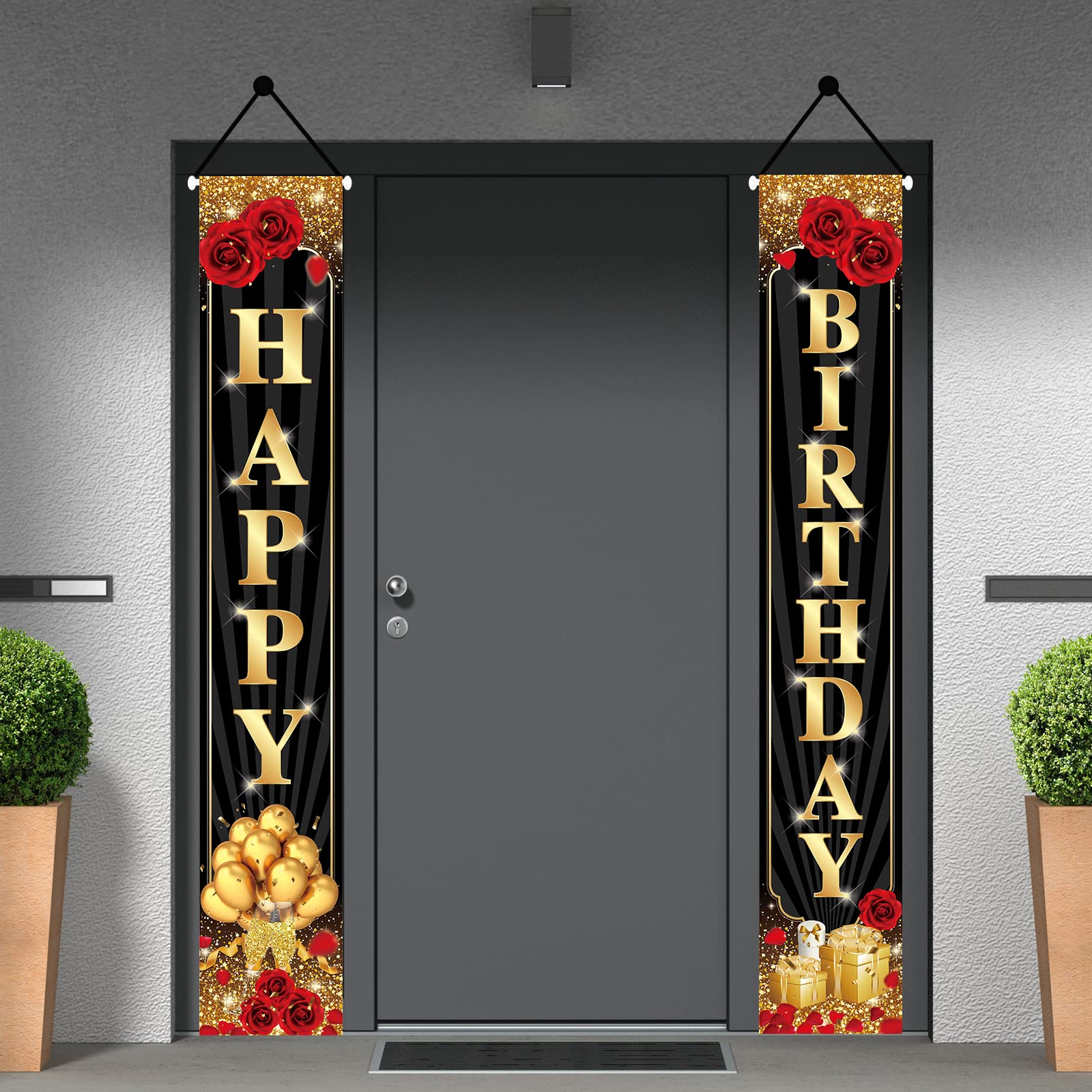 Happy Birthday Decorations for Women Men, Black Gold Happy Birthday Banner Porch Signs Large Backdrops Party Decor Supplies Photography Background Flag - 3 Pcs