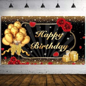 Happy Birthday Decorations for Women Men, Black Gold Happy Birthday Banner Porch Signs Large Backdrops Party Decor Supplies Photography Background Flag - 3 Pcs