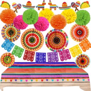 recosis fiesta party decorations, multicoloured tablecover paper fans pompoms decorations mexicano plastic papel picado banner for fiesta mexican cinco de mayo taco birthday party supplies