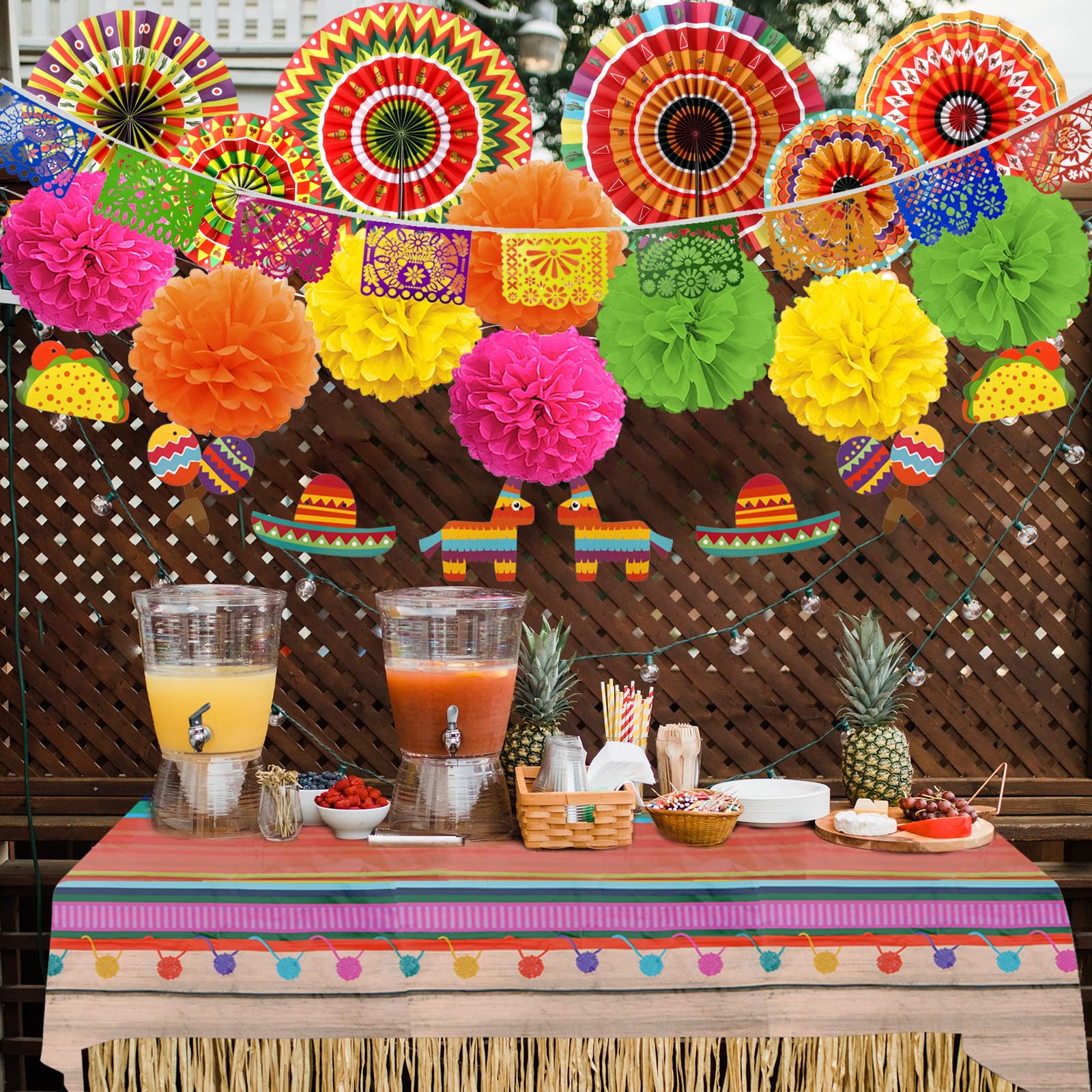 Recosis Fiesta Party Decorations, Multicoloured Tablecover Paper Fans Pompoms Decorations Mexicano Plastic Papel Picado Banner for Fiesta Mexican Cinco De Mayo Taco Birthday Party Supplies