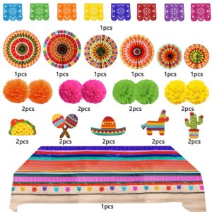 Recosis Fiesta Party Decorations, Multicoloured Tablecover Paper Fans Pompoms Decorations Mexicano Plastic Papel Picado Banner for Fiesta Mexican Cinco De Mayo Taco Birthday Party Supplies