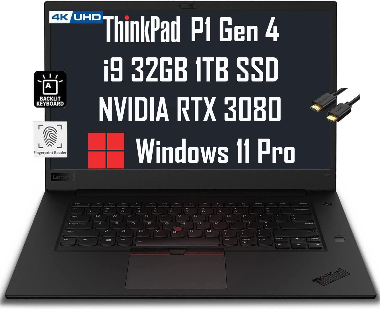 Lenovo ThinkPad P1 (2024) 16" 4K (3840x2400) (Intel Core i9-11950H vPro, 32GB RAM, 1TB SSD, RTX 3080 16GB) Mobile Workstation Laptop, Fingerprint, Backlit, 3-Yr WRT, IST Cable, Wi-Fi 6, Win 11 Pro