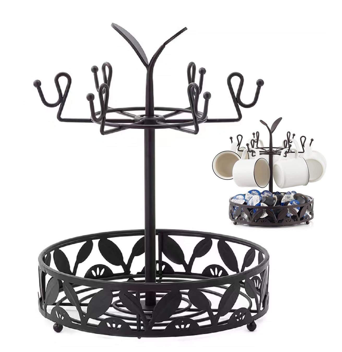 INMTIE Coffee Mug Holder Tree Stand for Bar Kitchen Counter Mug Tree with Storage Basket Multifunctional Coffee Cup Holder For Counter with 6 Hooks for Coffee Bar