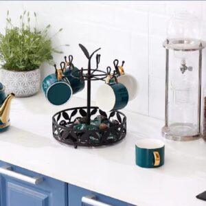 INMTIE Coffee Mug Holder Tree Stand for Bar Kitchen Counter Mug Tree with Storage Basket Multifunctional Coffee Cup Holder For Counter with 6 Hooks for Coffee Bar