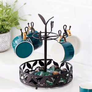 INMTIE Coffee Mug Holder Tree Stand for Bar Kitchen Counter Mug Tree with Storage Basket Multifunctional Coffee Cup Holder For Counter with 6 Hooks for Coffee Bar