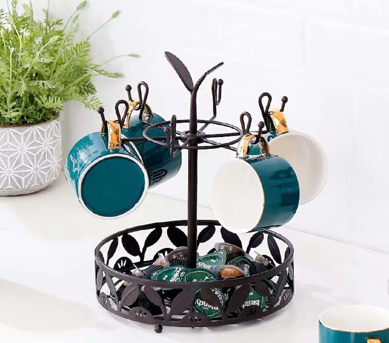 INMTIE Coffee Mug Holder Tree Stand for Bar Kitchen Counter Mug Tree with Storage Basket Multifunctional Coffee Cup Holder For Counter with 6 Hooks for Coffee Bar