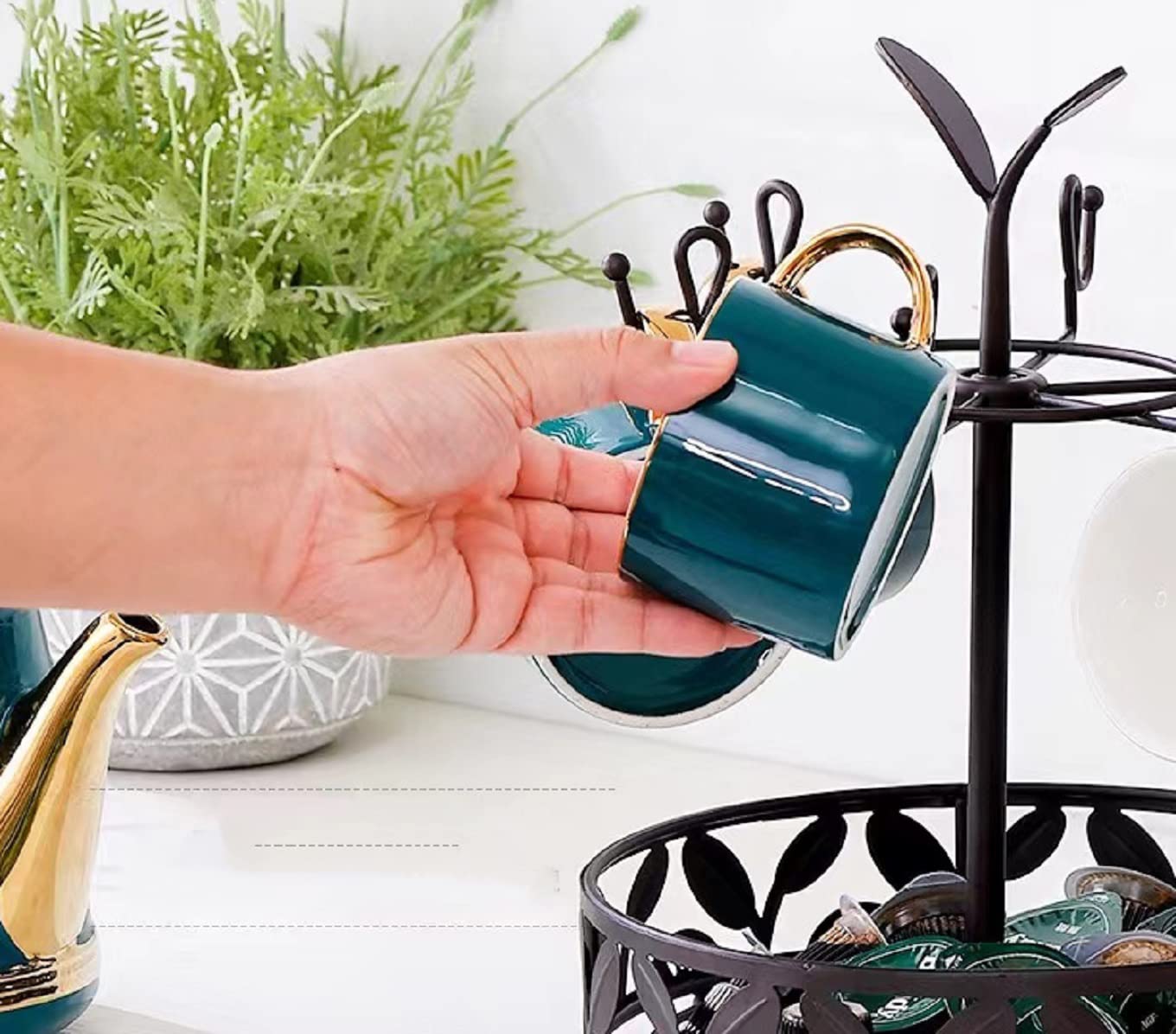 INMTIE Coffee Mug Holder Tree Stand for Bar Kitchen Counter Mug Tree with Storage Basket Multifunctional Coffee Cup Holder For Counter with 6 Hooks for Coffee Bar