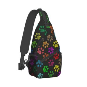 hand drawn colorful paw prints sling bag for women men,crossbody shoulder bags casual sling backpack chest bag travel hiking daypack for outdoor