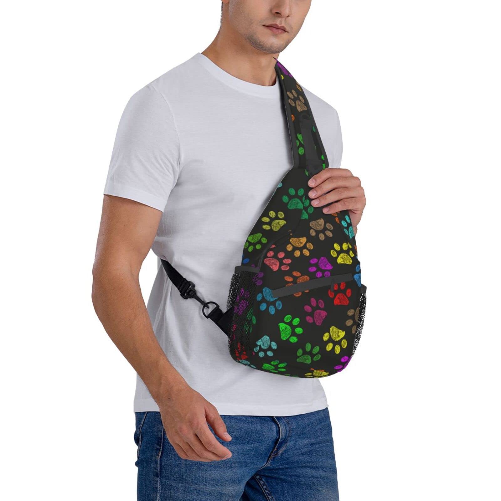 Hand Drawn Colorful Paw Prints Sling Bag For Women Men,Crossbody Shoulder Bags Casual Sling Backpack Chest Bag Travel Hiking Daypack For Outdoor