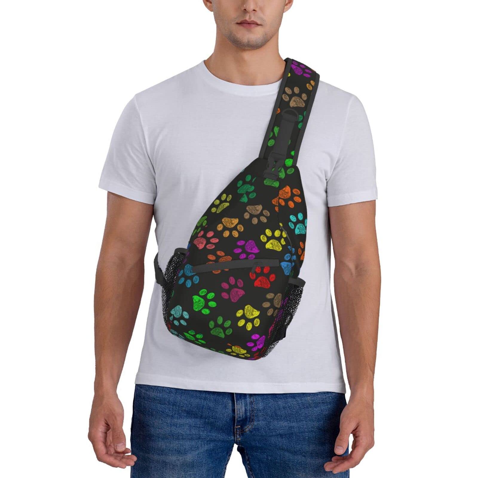 Hand Drawn Colorful Paw Prints Sling Bag For Women Men,Crossbody Shoulder Bags Casual Sling Backpack Chest Bag Travel Hiking Daypack For Outdoor